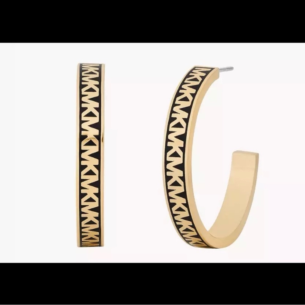 MICHAEL KORS LARGE LOGO HOOP EARRING BRASS BLACK ENAMEL, NWT